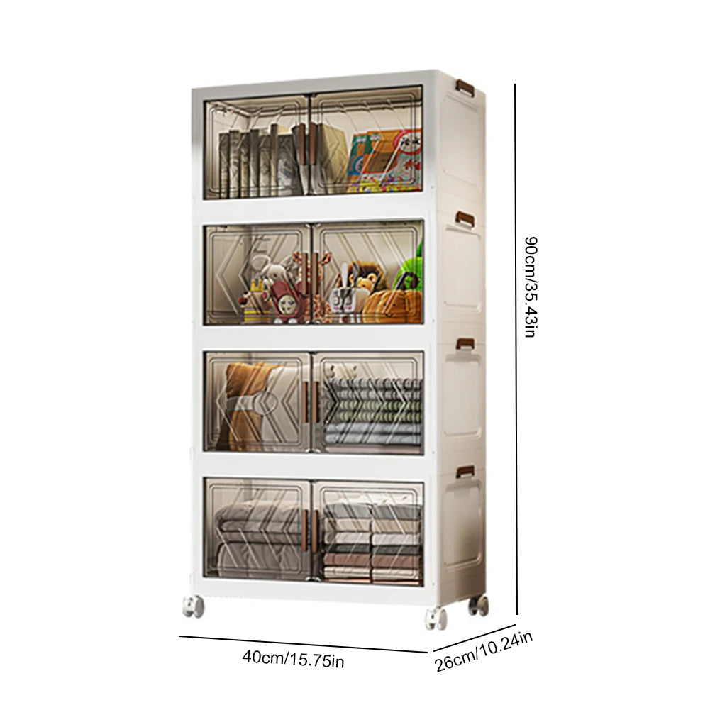 4 Tier Plastic Storage Containers with Doors & Wheels Folding Storage Boxes Folding Storage Cabinet Shelf for Home Office Dorm