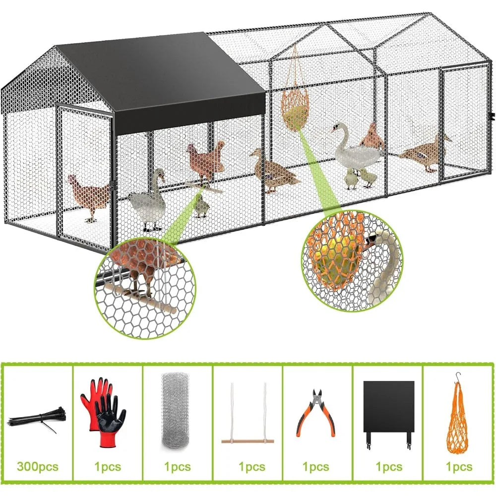 Metal Chicken Coop Run for 8-12 Chickens 118"×40"×40" Large Chicken Run for Yard with Cover,Portable Poultry Cage Hen House Outd