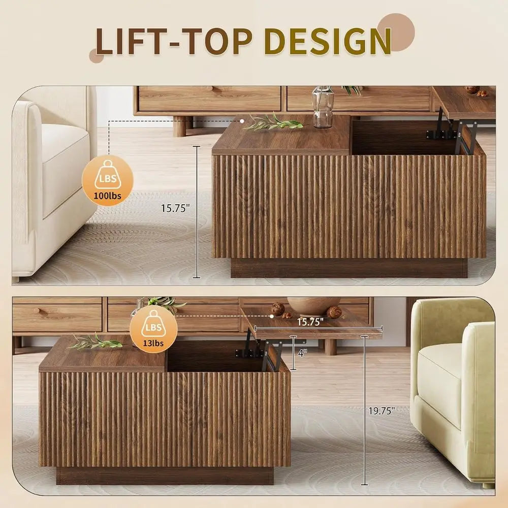 31 Modern Walnut Coffee Table with Storage, Square Living Room Furniture with Decorative Lattice Design for Compact Spaces