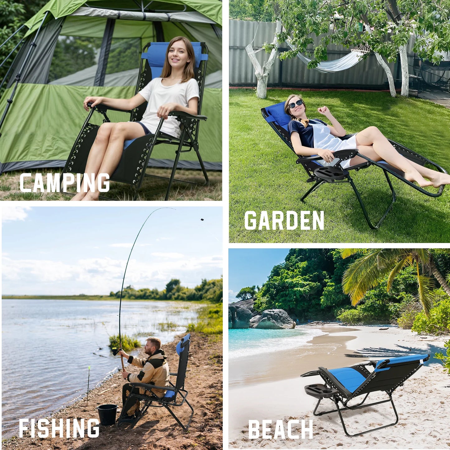 Outdoor Folding Lounge Chair Waterproof Oxford Cloth with Cotton Padded Adjustable Patio Zero Gravity Reclining Chair with Headr