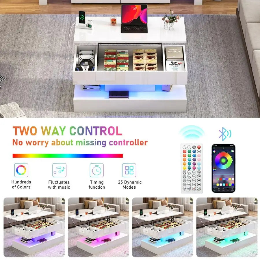 Large Lift Top Coffee Table,Modern High Glossy LED Coffee Tables for Living Room with Storage,Black Living Room Tables for Livin