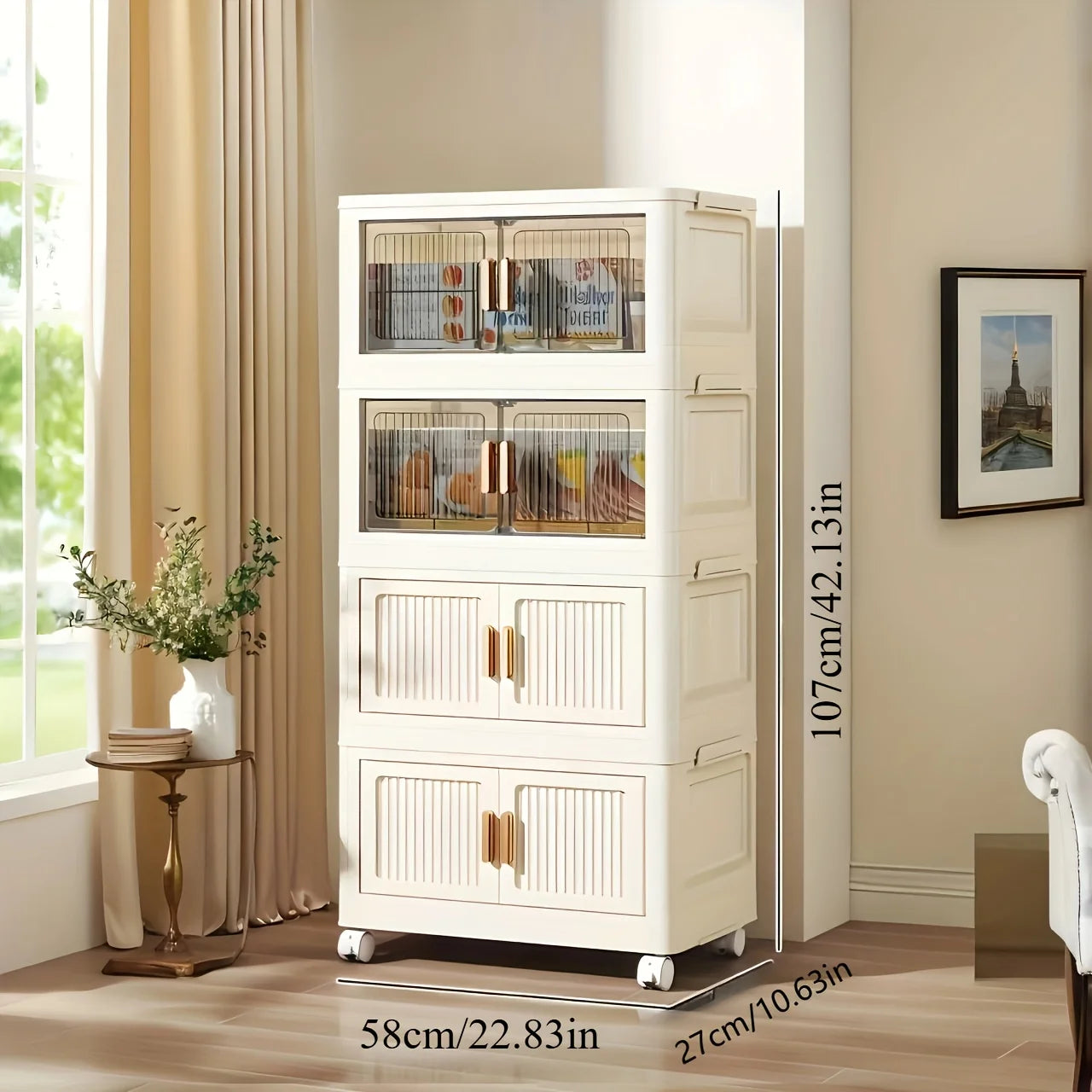 Oversized 3/4/5-Tier Foldable Storage w/ Wheels - No Assembly, Magnetic Doors, Clothes/Toys/Books - Living/Bedroom/Office, Shelf