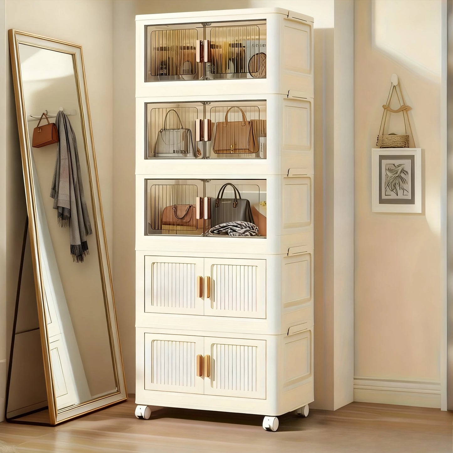 Large 5-layer Foldable Storage Organizer with Wheels – No Assembly, Ready-to-Use, Magnetic Doors, Multi-Scene, Holds Clothes