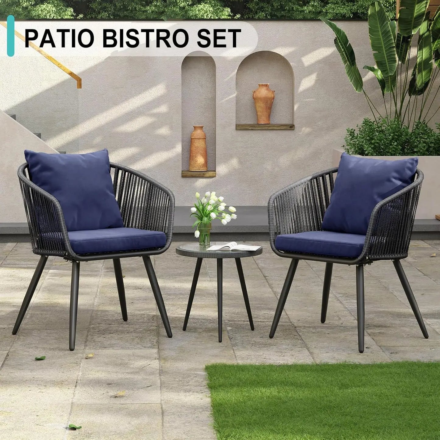 3 Piece Patio Bistro Furniture Set, 2 Patio Dining Chairs and Rattan Side Table for Porch, Backyard, Deck-Dark Blue