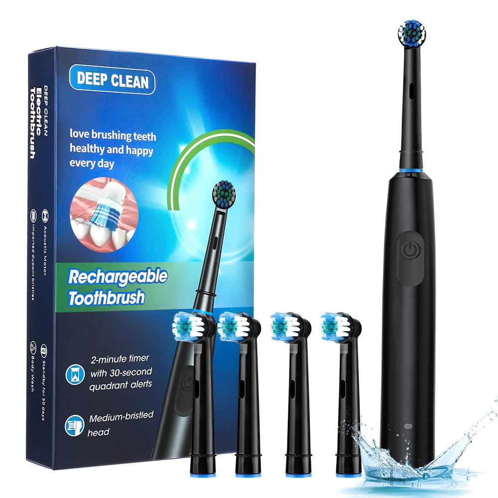 Electric Smart Rotating Timing Toothbrush, Rechargeable Rotary Toothbrush with 4 Heads, 5 Modes Setting Teeth Whitening Oral Car