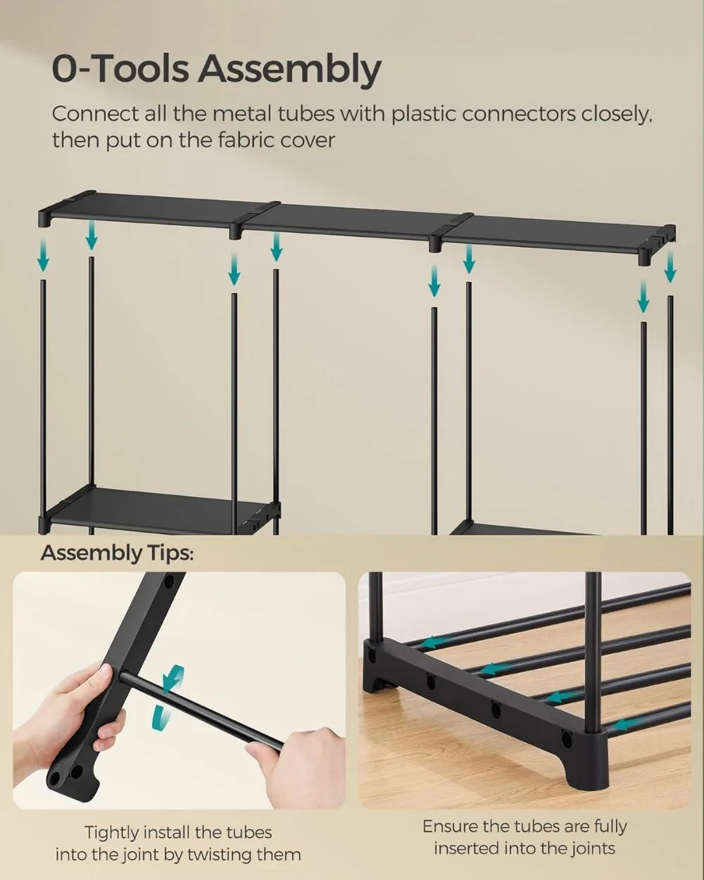 Portable Closet Organizer with Shelves and Hanging Rods, Freestanding Storage for Bedroom, 80.7 x 17.1 x 65.4 Inches, Black