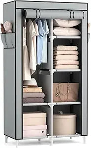 Portable Closet Wardrobe With 6 Shelves And Hanging Rod