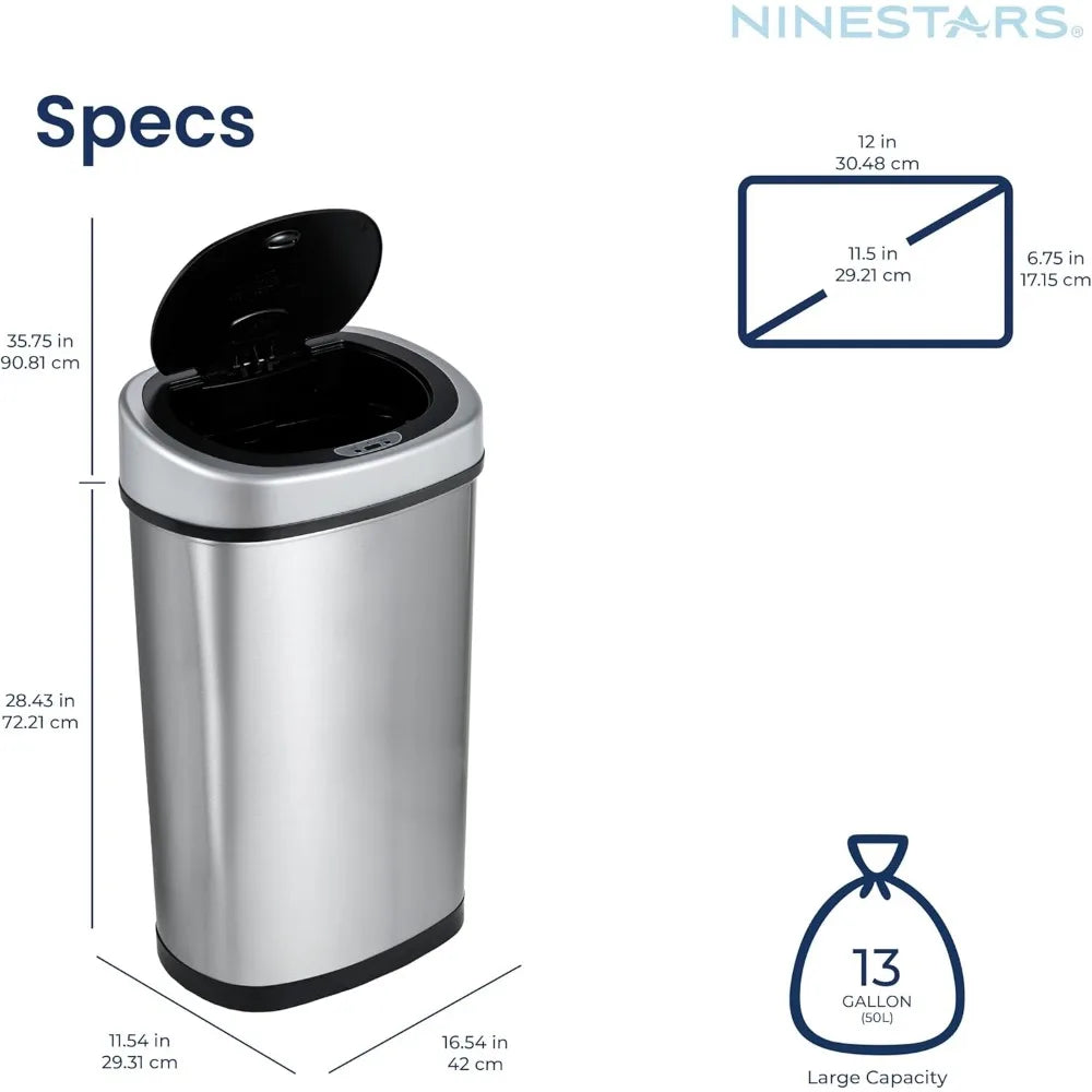 NINESTARS DZT-50-9 Automatic Touchless Infrared Motion Sensor Trash Can, 13 Gal 50L, Stainless Steel Base (Oval, Silver/Black Li