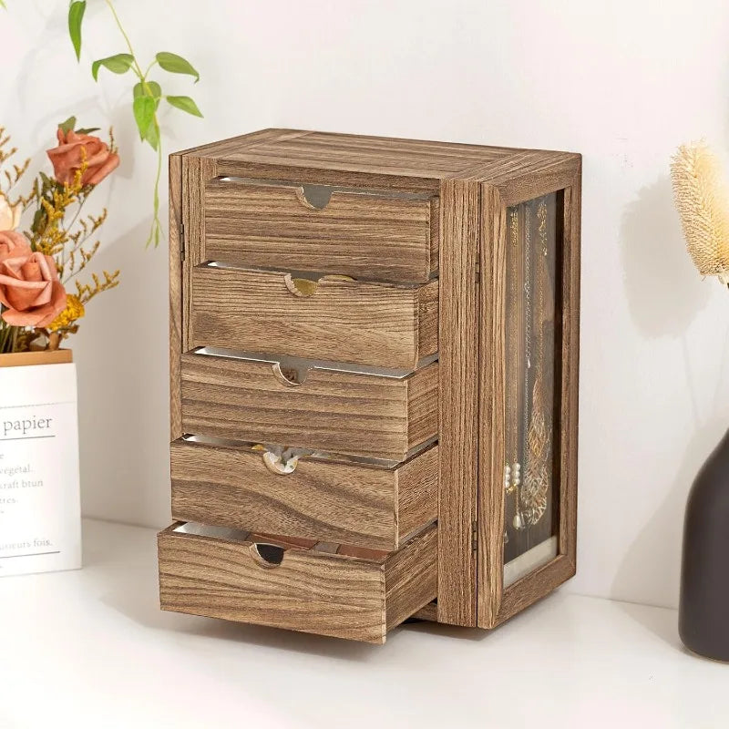 Jewelry Box for Women, Rustic Wooden Jewelry Organizer Box with 5 Drawers, Glass Doors, Vertical Open Desig