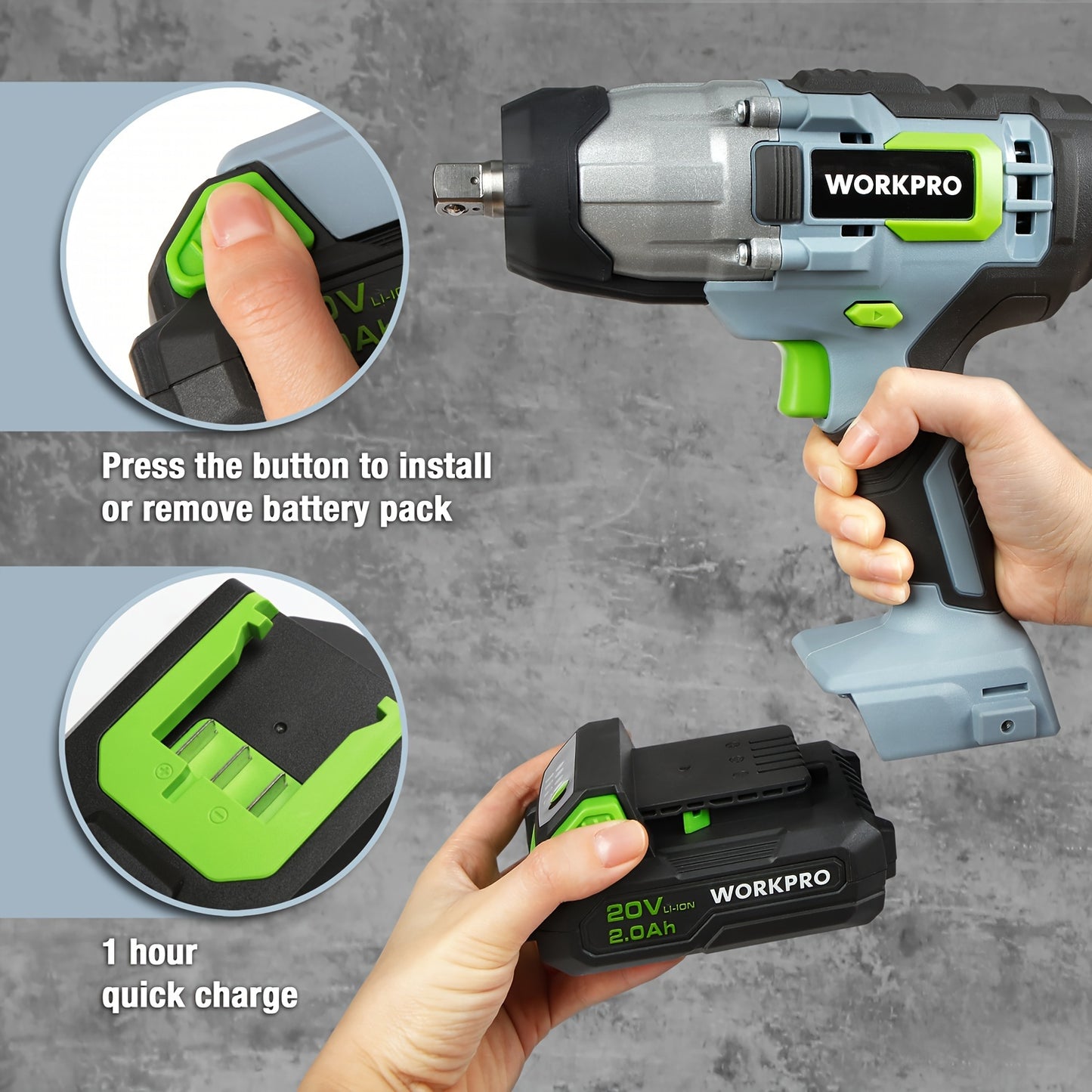 [WORKPRO 20V Impact Wrench] WORKPRO 20V Cordless Impact Wrench, 1/2-inch, 320ft Pounds Max Torque, 2.0Ah Li-ion Battery with Fast Charger, Belt Clip for Easy Carrying, Fathers Day Gifts