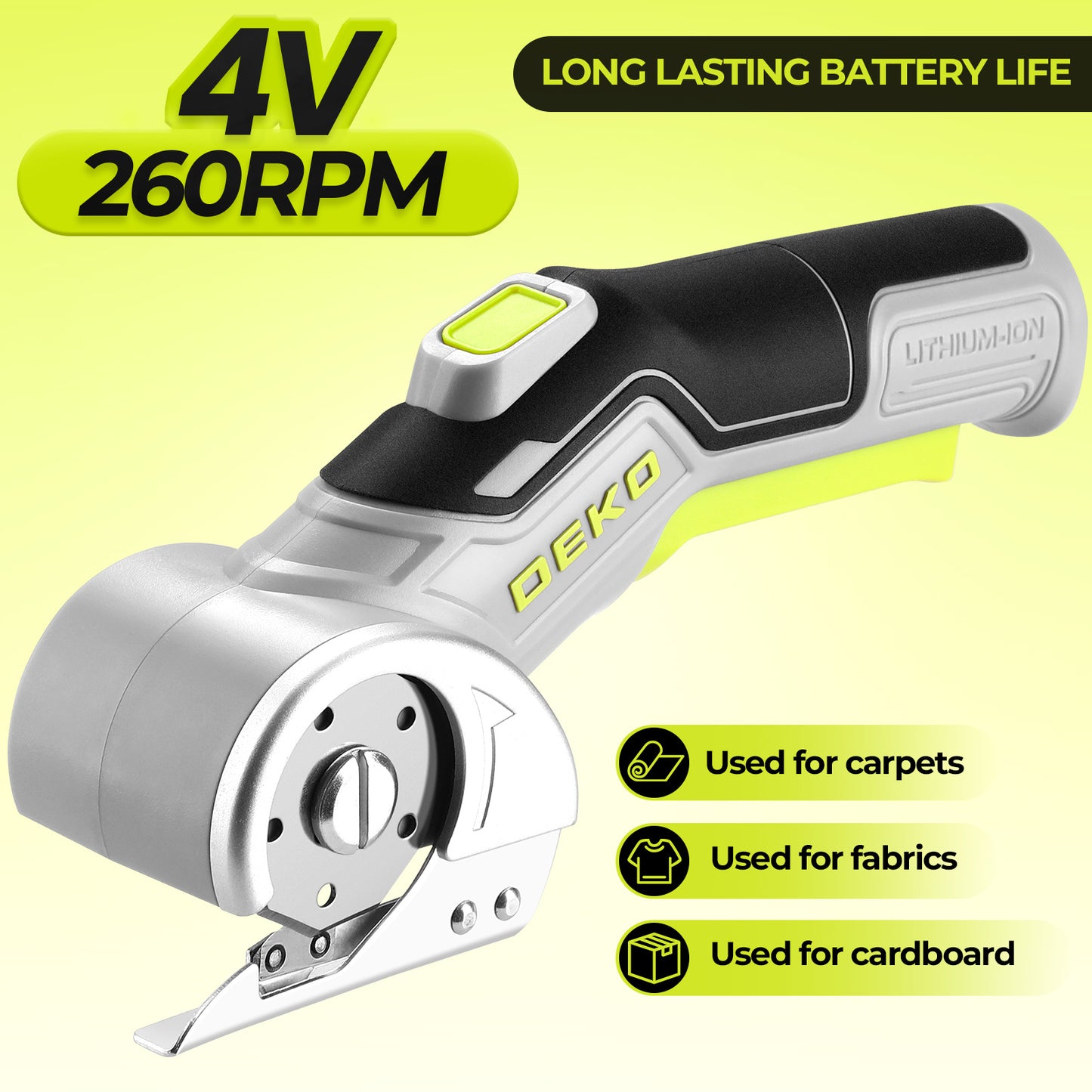 DEKO 4V Brushless Carpet Shear | Cordless Electric Scissors | Rechargeable | Powerful | Easy to Use | Power Rotary Cutter for Cutting Carpet | Leather | Paper | Board | Fabric | Gifts for Men/Women | Christmas Gift