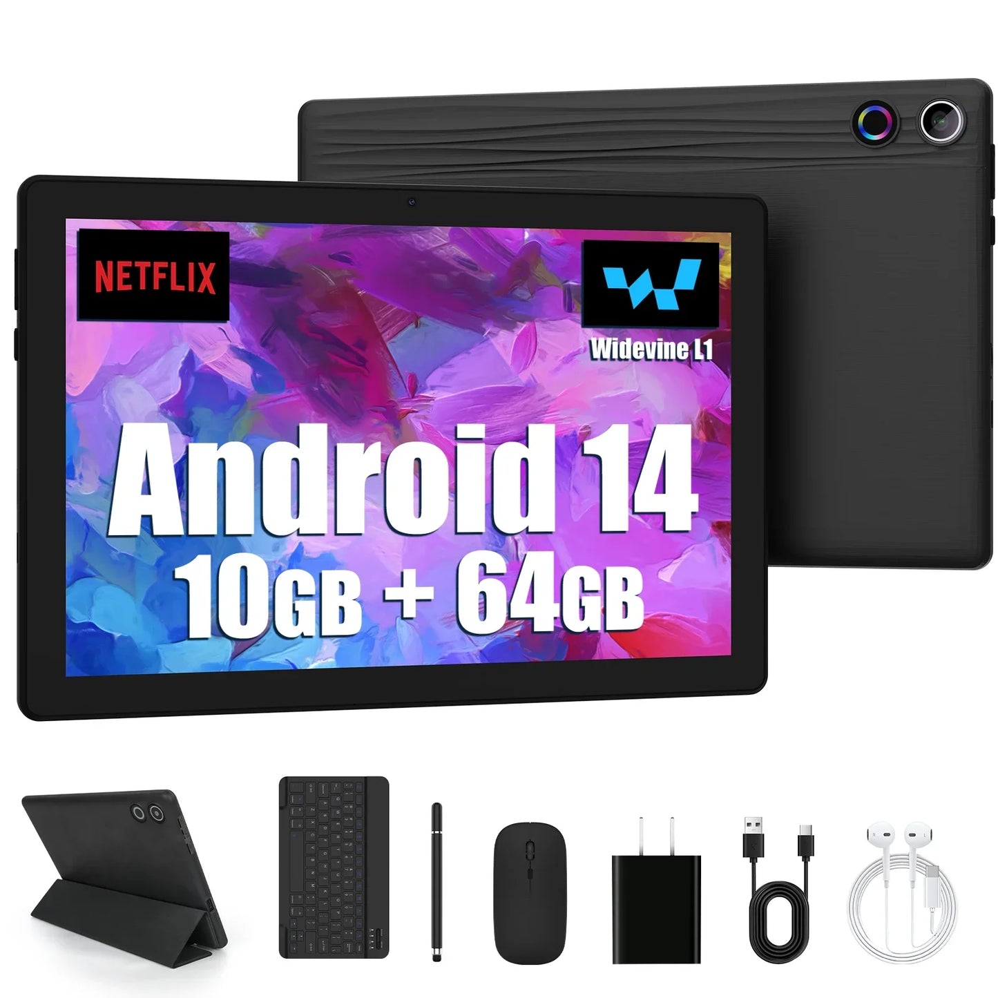 10 Inch Tablet Android 14 A523 Octa Core 12GB RAM 64GB ROM(TF 1TB) 5000mAh Face Unlocked Dual Carmera Keyboard Mouse Set PC Pad