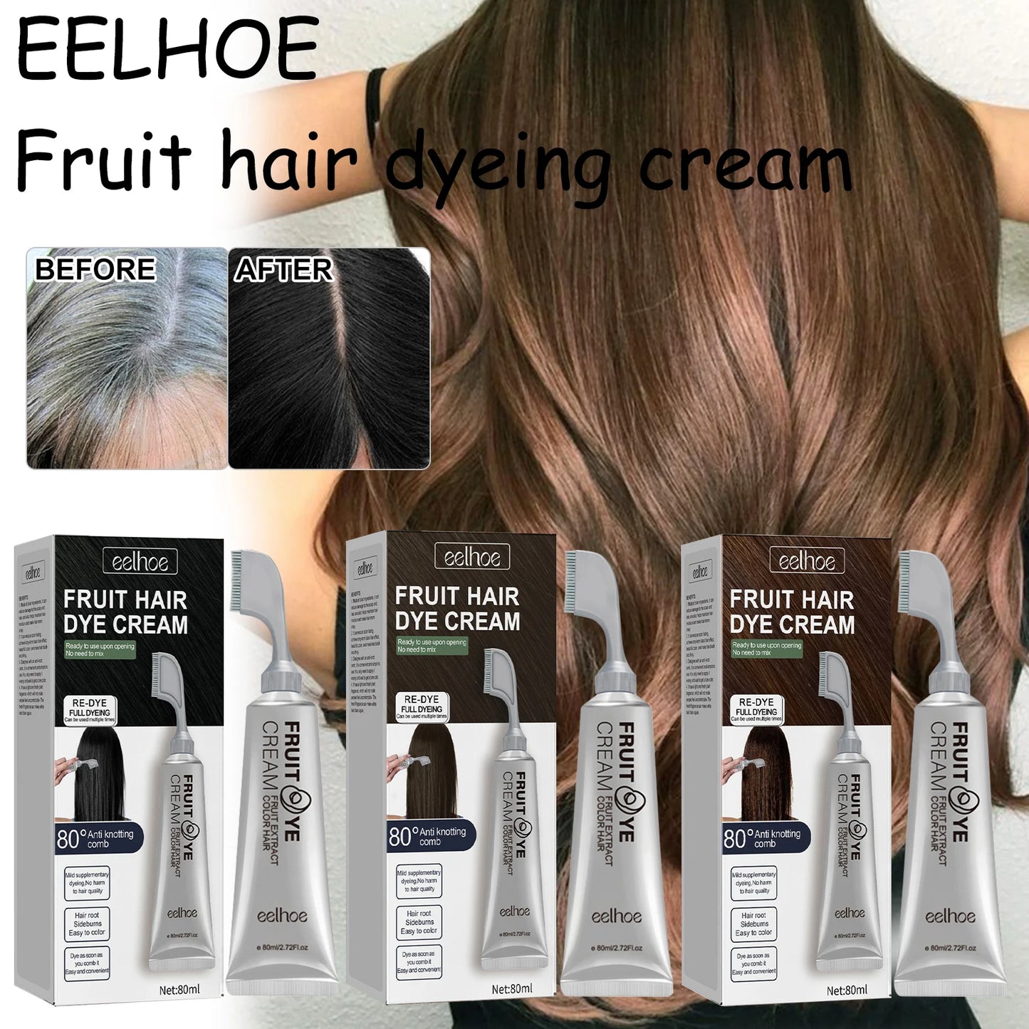 EELHOE Fruit Hair Dyeing Cream Natural Lasting Coloring Non-irritating Nourishing Scalp Plant Fragrance Hair Dyeing Cream