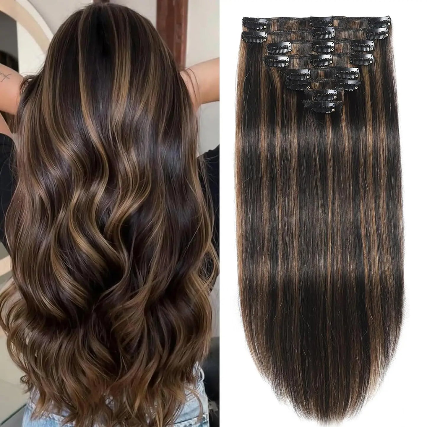 Clip in Human Hair Extensions Remy Human Hair Straight Highlight Clip in Hair Extensions 100% Real Soft Human Hair 14inch/140g