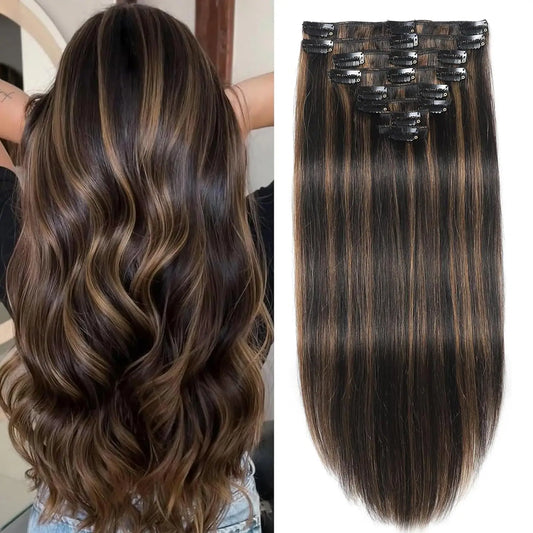 Clip in Human Hair Extensions Remy Human Hair Straight Highlight Clip in Hair Extensions 100% Real Soft Human Hair 14inch/140g