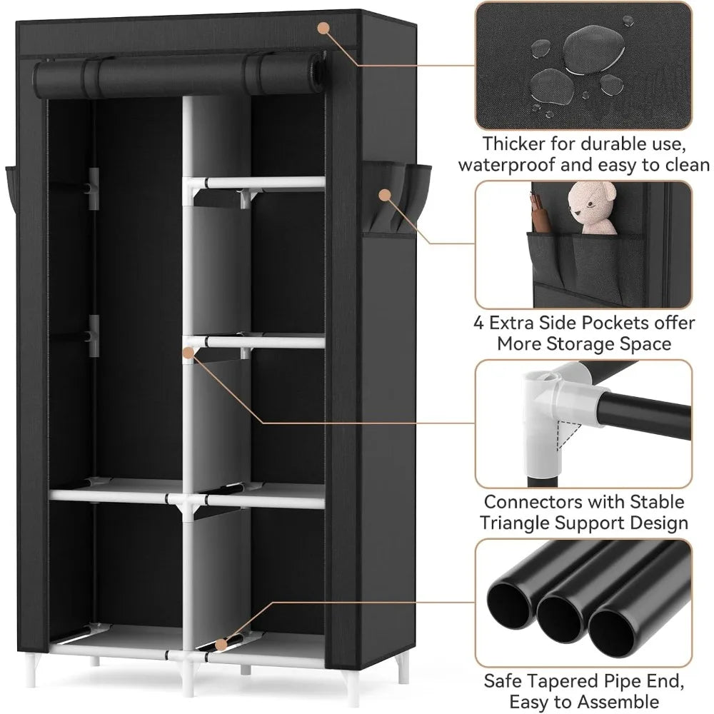 Portable Closet Wardrobe With 6 Shelves And Hanging Rod