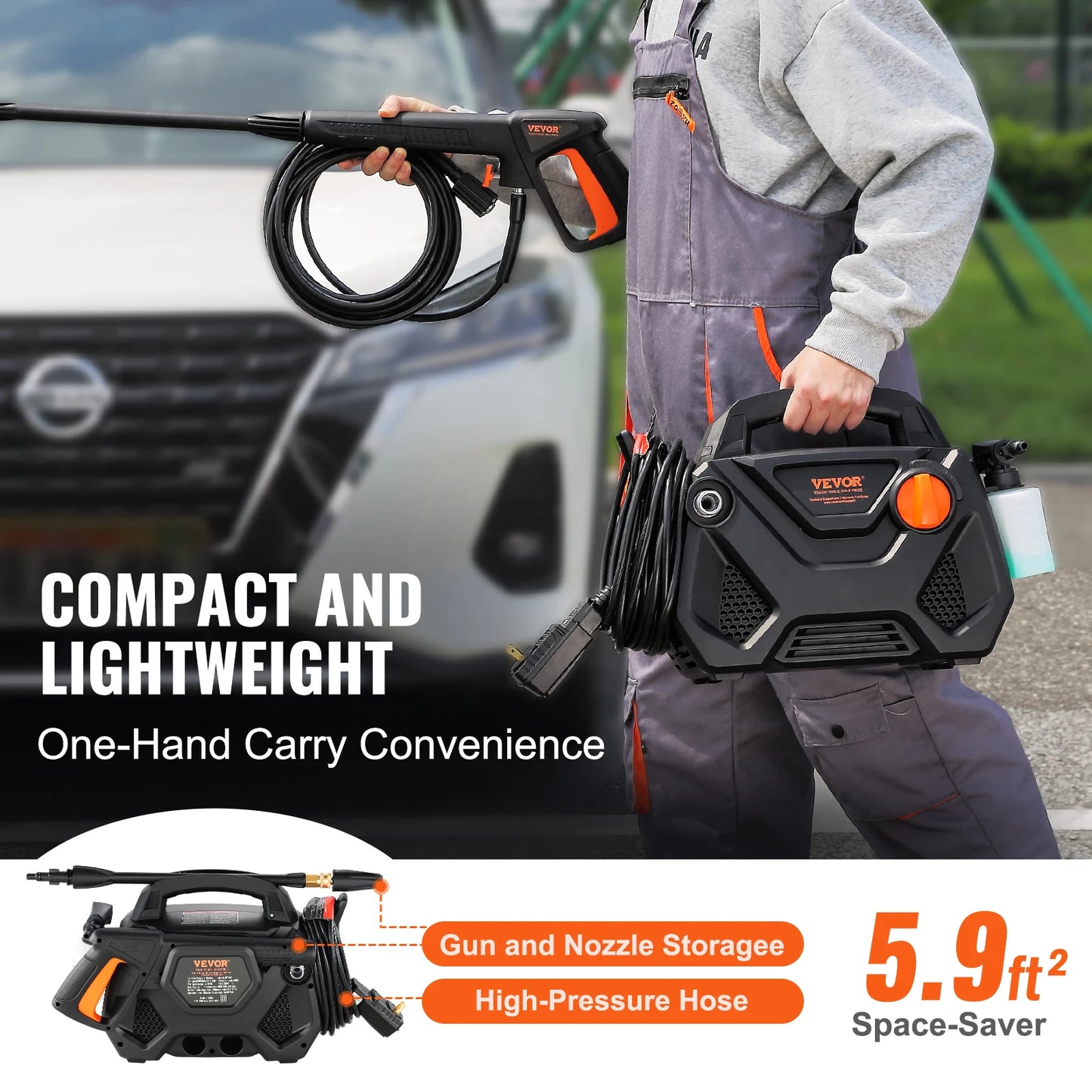 SucceBuy Electric Pressure Washer 2150-PSI 1.85-GPM Foam Cannon High-Pressure with 5 Different Nozzle 20ft Hose/35ft Cord Washer