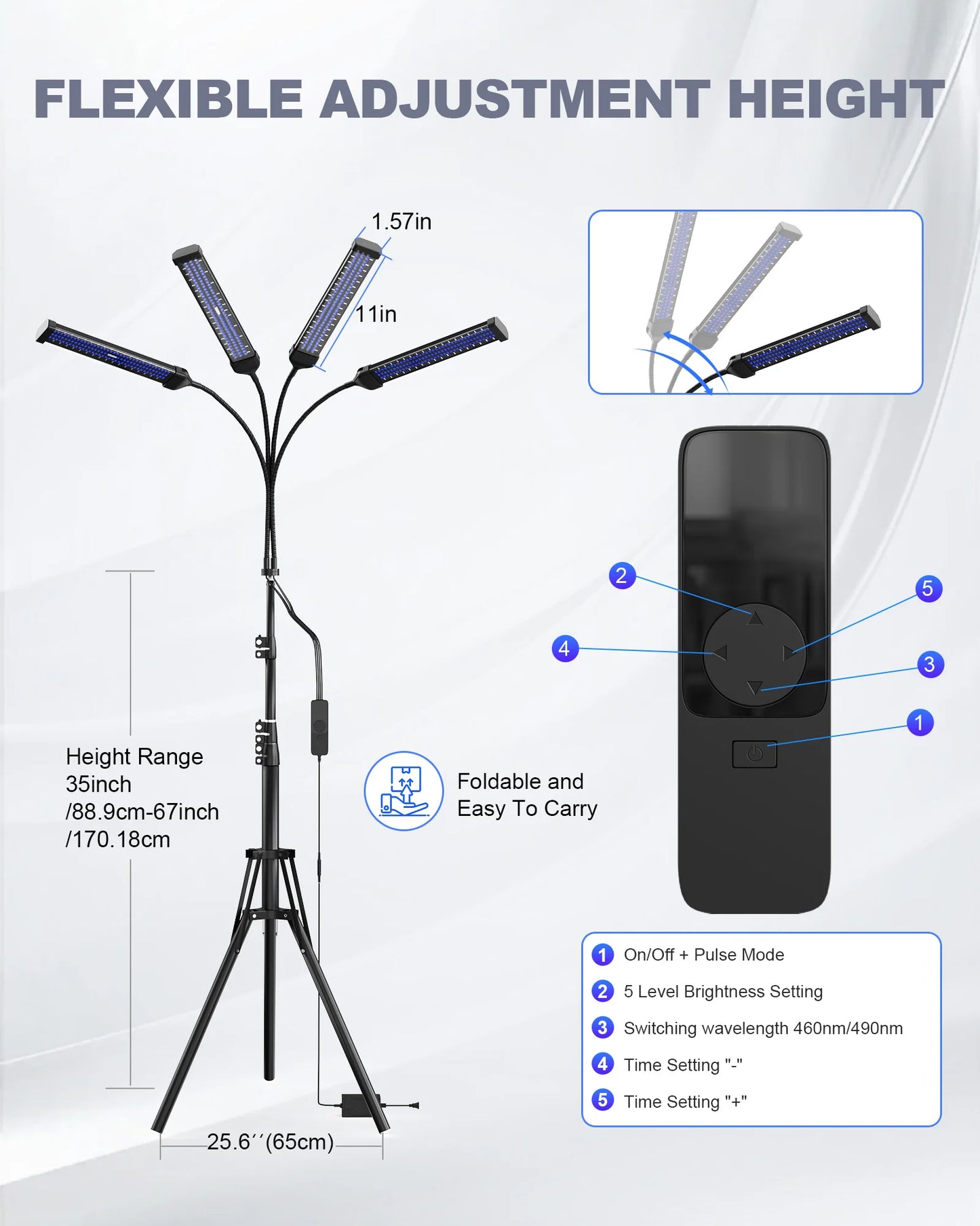 360° Rotation Tanning Lamp 60W 4-Head 432 LEDS Blue Light Solarium Lamp for Tanning Body Wavelength 460nm & 490nm Beauty-Health