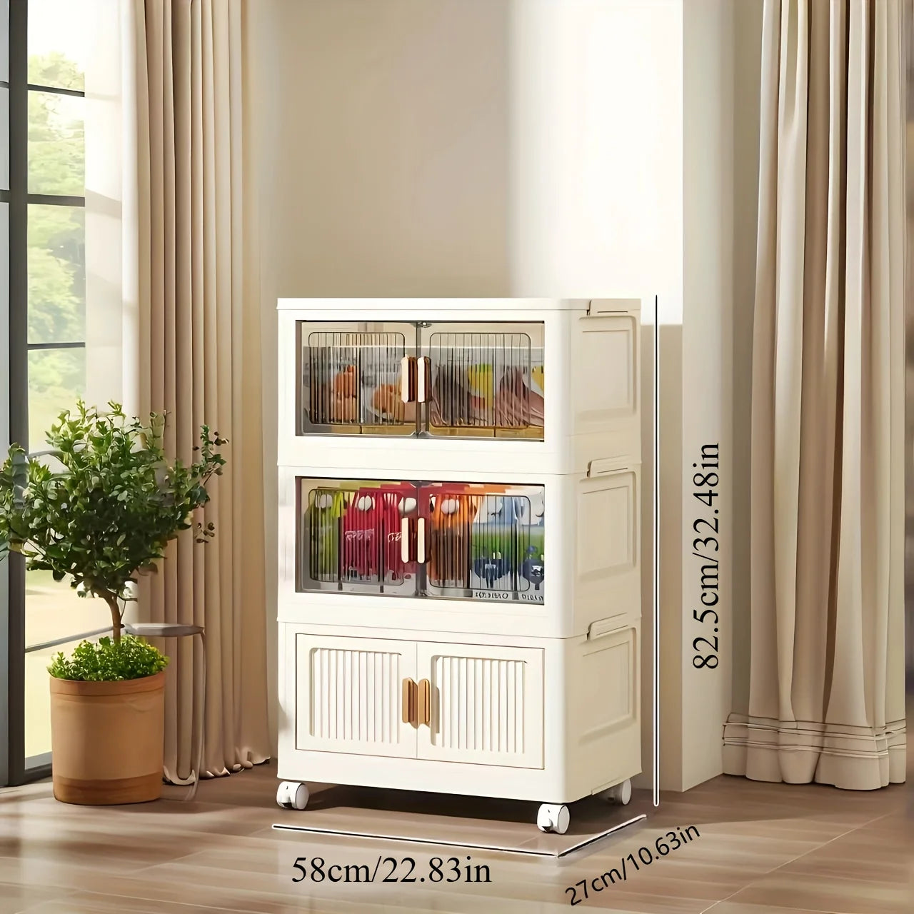 3/4-Tier Folding Storage Organizer with Wheels - No Assembly Required, Magnetic Double-Door Design for Clothes, Toys, Books