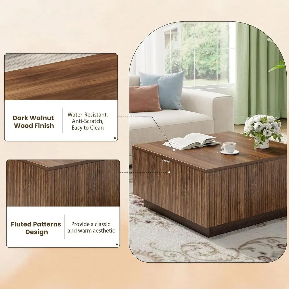 31 Modern Walnut Coffee Table with Storage, Square Living Room Furniture with Decorative Lattice Design for Compact Spaces