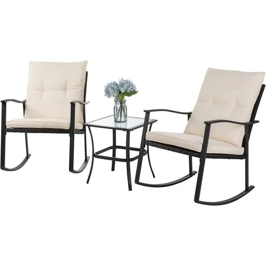 3 Piece Outdoor Rocking Bistro Set, Front Porch Furniture Rocking Chairs Set of 2, Small Patio Furniture Set with Glass Table f