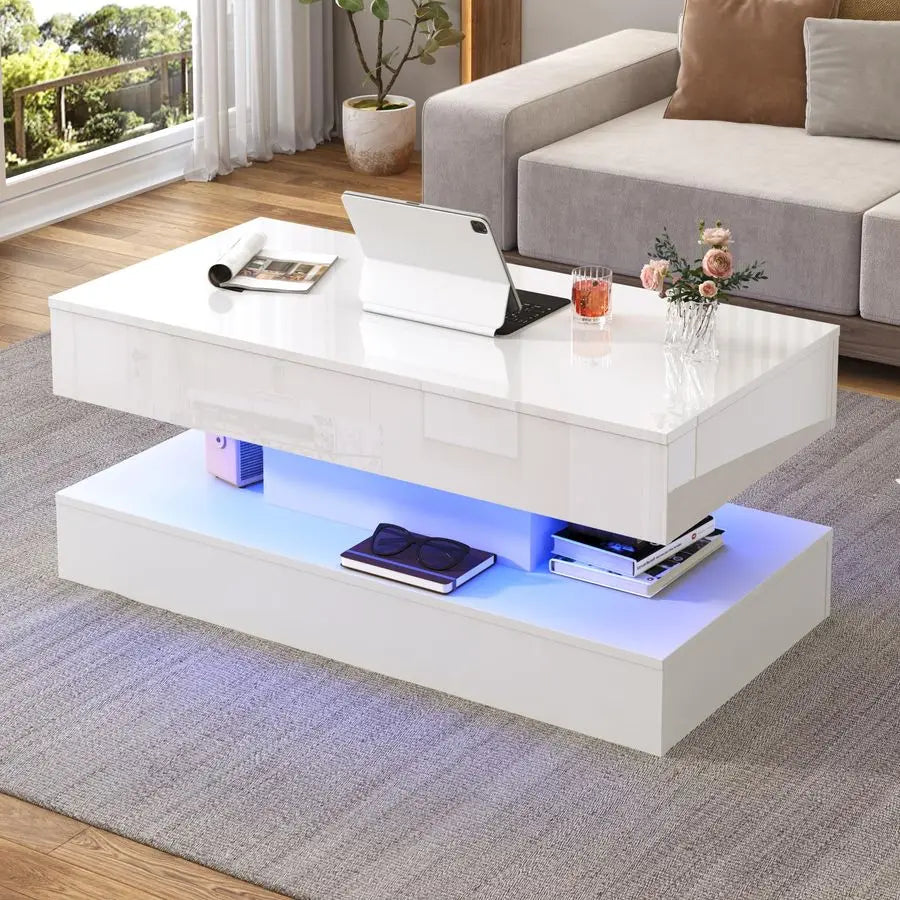 Large Lift Top Coffee Table,Modern High Glossy LED Coffee Tables for Living Room with Storage,Black Living Room Tables for Livin