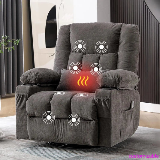 Massage Swivel Recliner Chair, Oversized Rocker Recliner with Vibration Massage and Lumbar Heat Ergonomic Rocker Chair