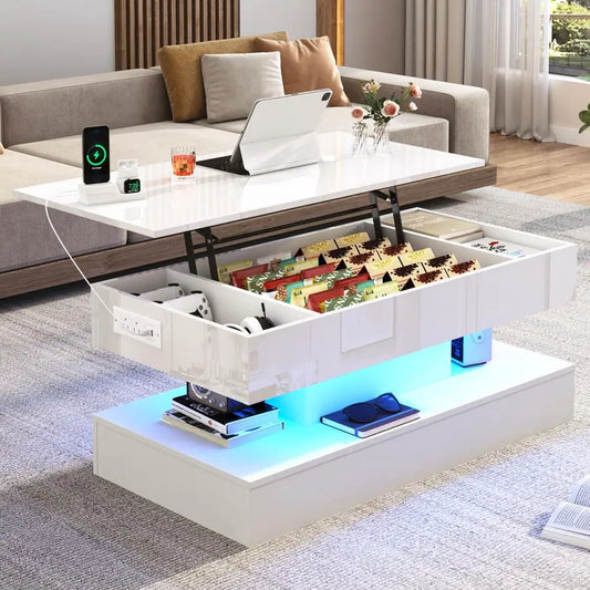 Large Lift Top Coffee Table,Modern High Glossy LED Coffee Tables for Living Room with Storage,Black Living Room Tables for Livin