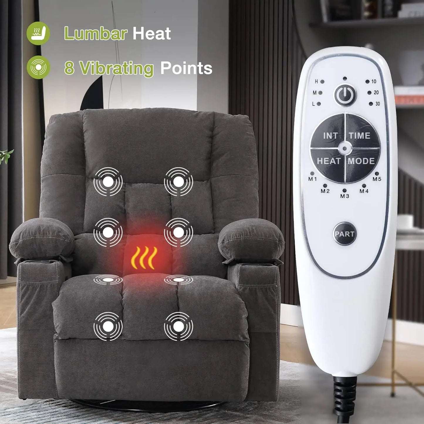Massage Swivel Recliner Chair, Oversized Rocker Recliner with Vibration Massage and Lumbar Heat Ergonomic Rocker Chair