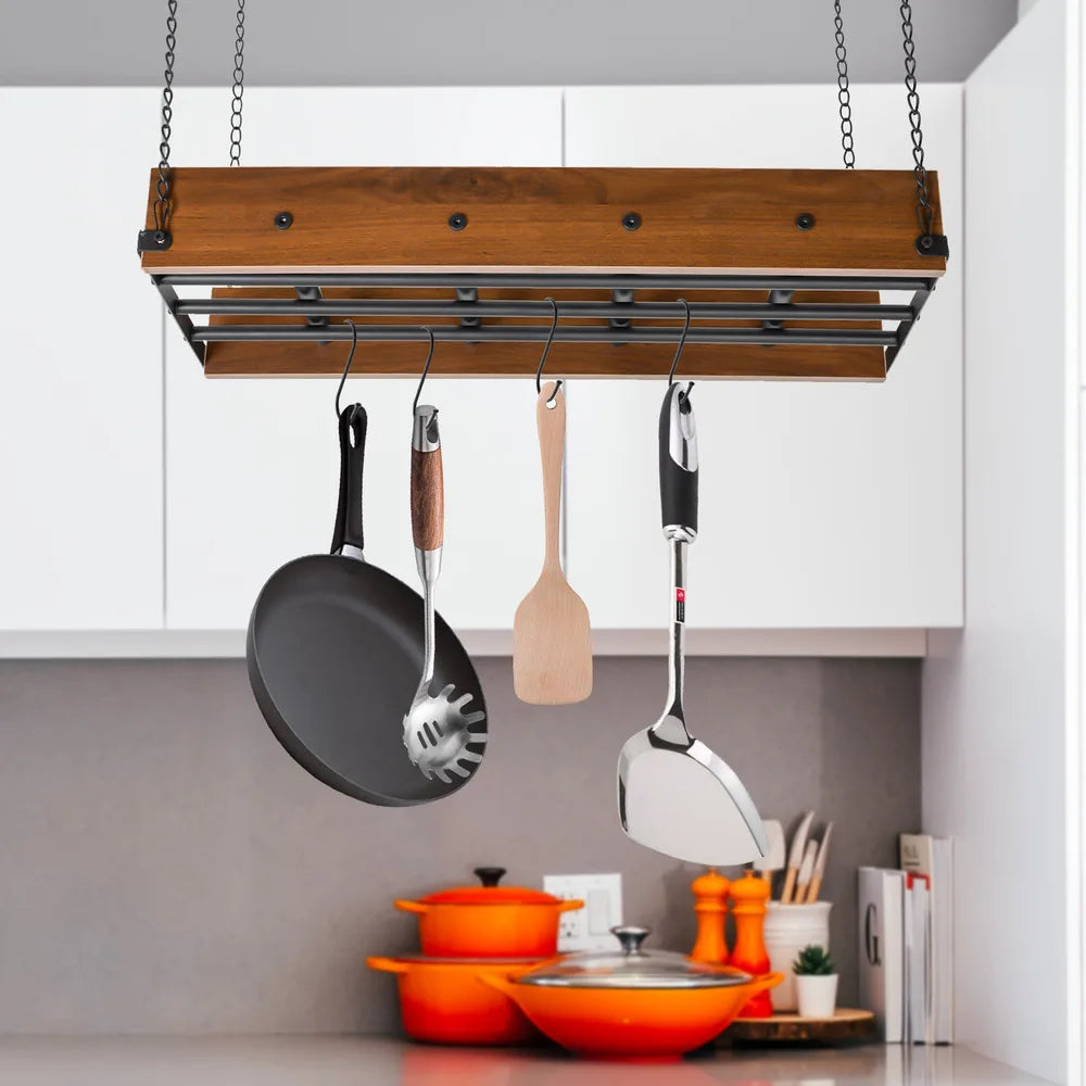 Bymaocar Kitchen Hanging Pot Pan Holder Hanger Iron Rack Ceiling Mount Cookware Organizer Storage Shelf Adjustable Spring Clips