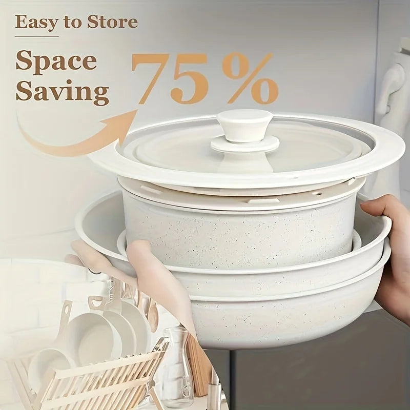 White 15pcs Pot And Pan Set Non-stick, Kitchen Cookware Set With Removable Handle, PFAS And PFOA Free, Kitchenware, Gift