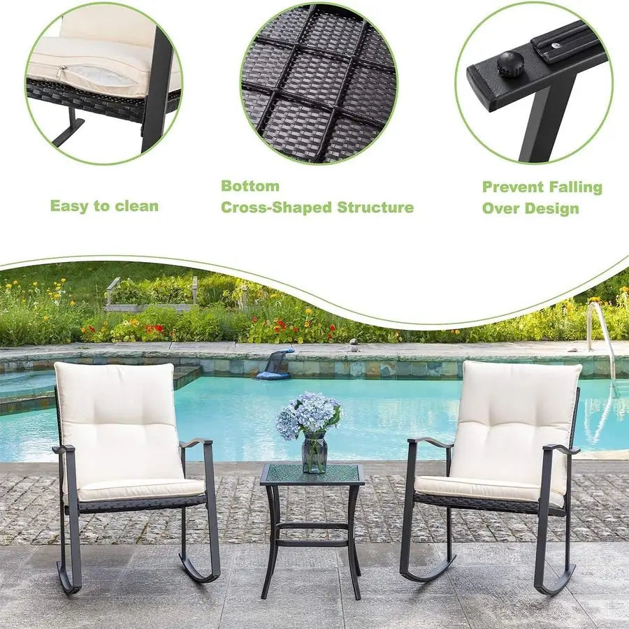 3 Piece Outdoor Rocking Bistro Set, Front Porch Furniture Rocking Chairs Set of 2, Small Patio Furniture Set with Glass Table f