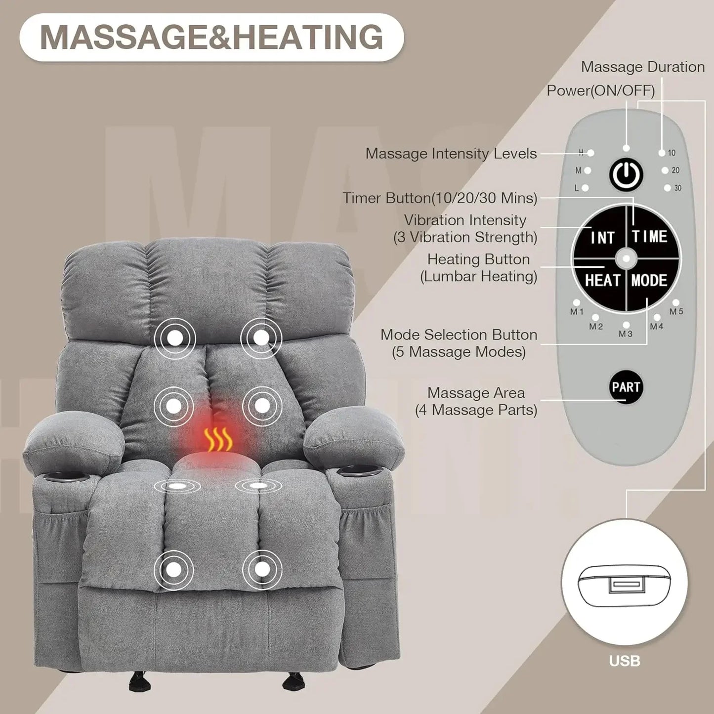 Massage Rocker Recliner Chair with Heat and Vibration Ergonomic Rocking Lounge Chair for Living Room.