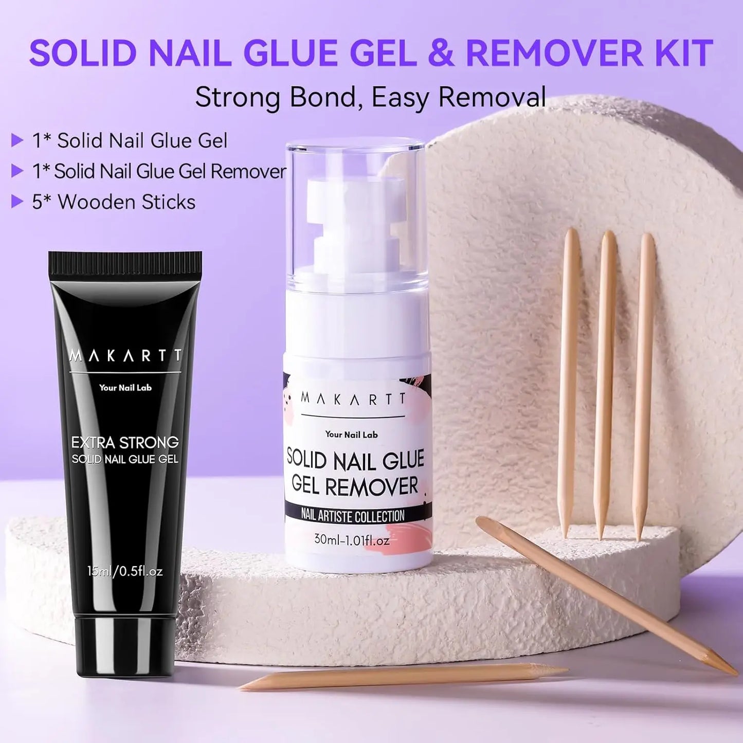 Makartt Solid Nail Glue with Glue Remover Kit: Super Strong Nail Glue Gel for Press on Nails and Nail Tips Supplies UV LED Cured