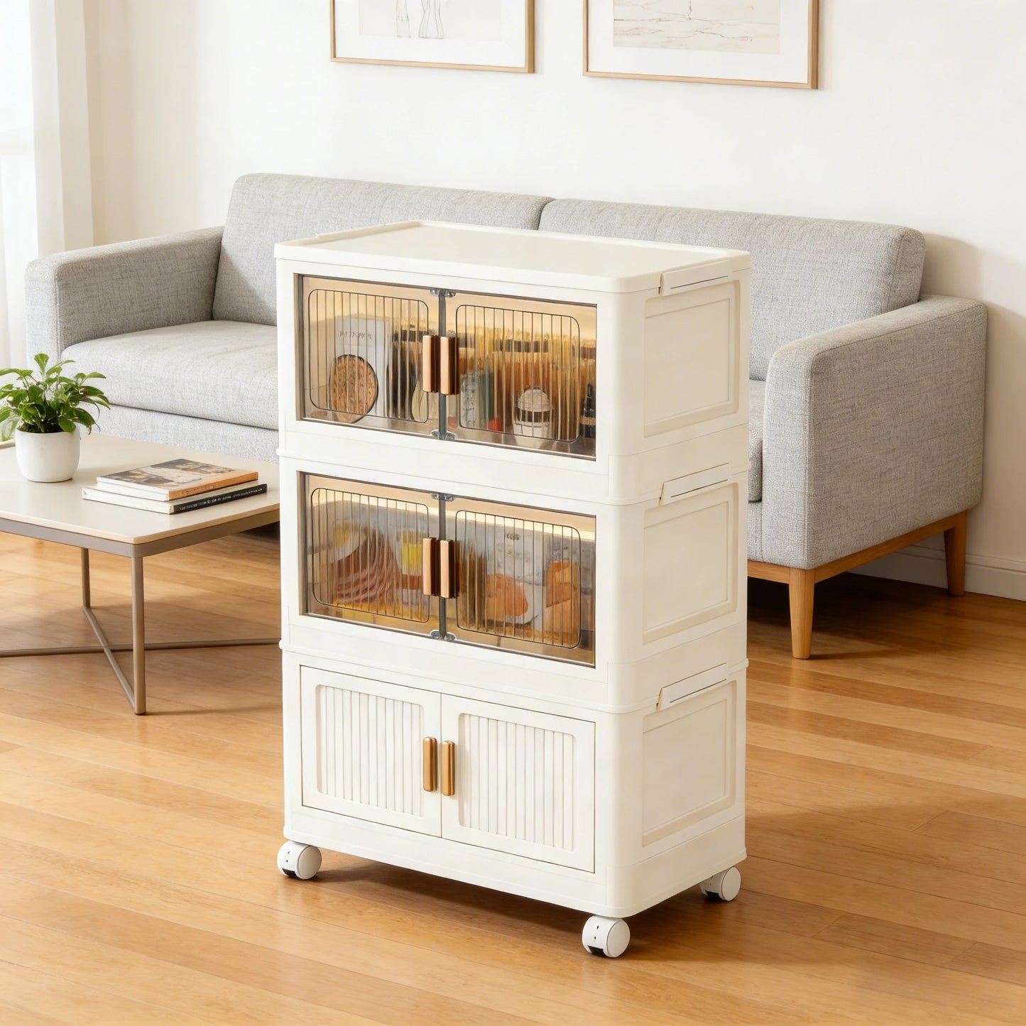 Oversized 3/4/5-Tier Foldable Storage w/ Wheels - No Assembly, Magnetic Doors, Clothes/Toys/Books - Living/Bedroom/Office, Shelf