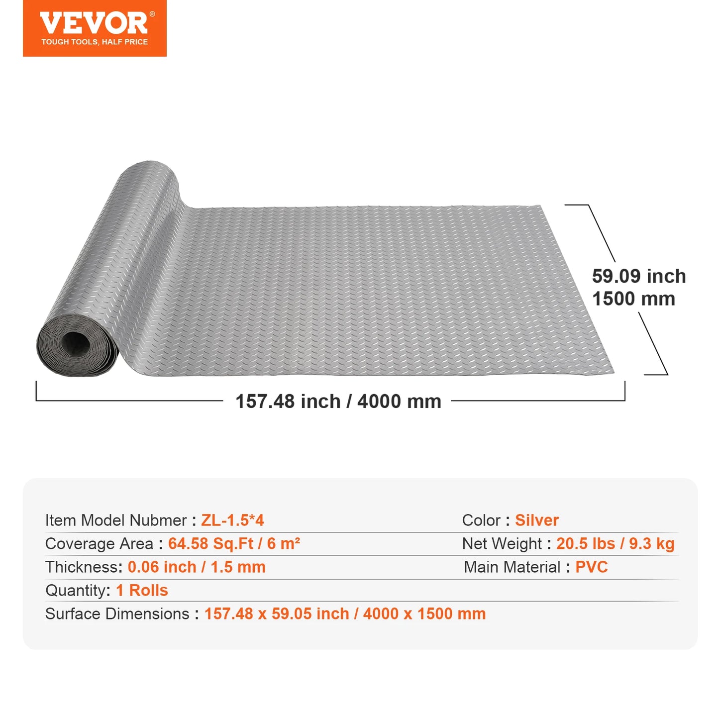 SucceBuy Garage Floor Mat 157.48 x 59.05 inch PVC Garage Flooring Roll Non-slip Diamond Texture 64.58 sq.ft Covering Space