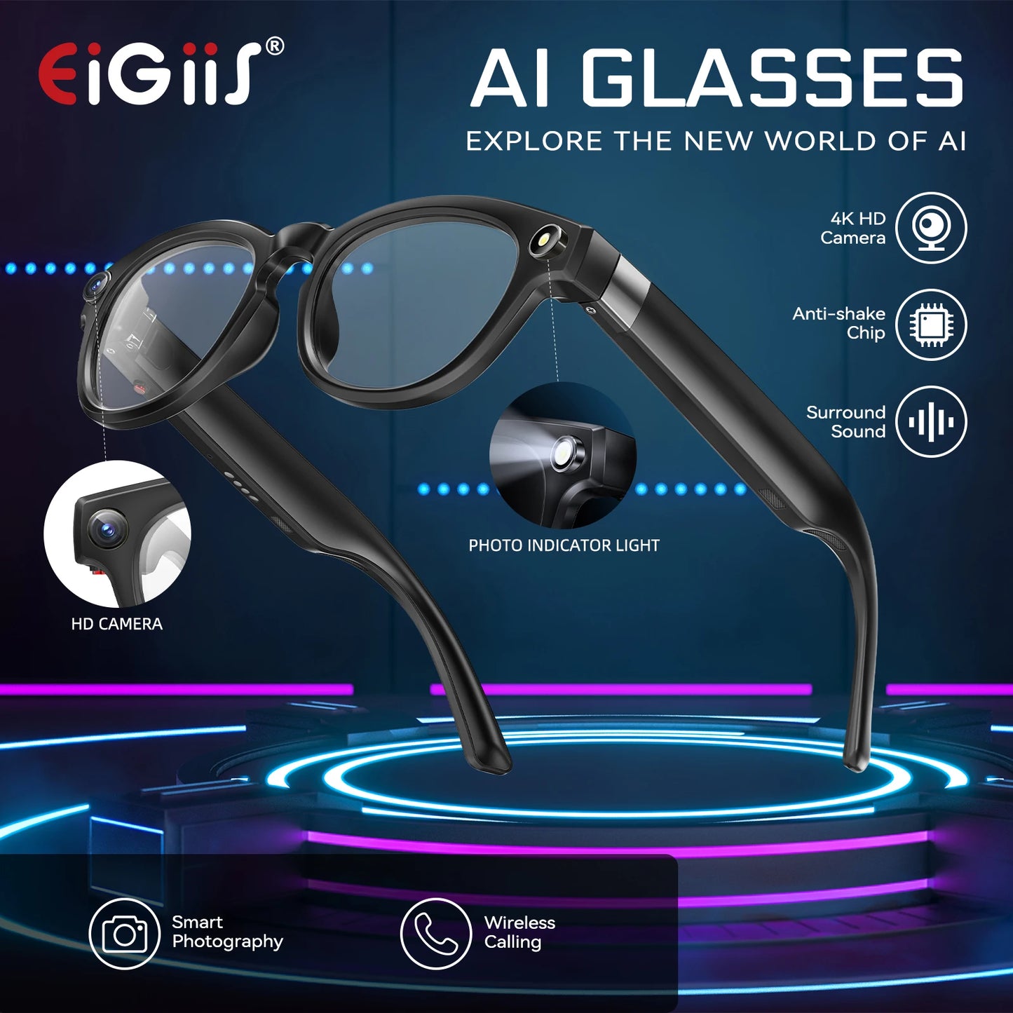 EIGIIS New 800w Pixel AI Smart Glasses With Ai Camera For Highdefinition Photography Video Recording Voice Calls And Translation