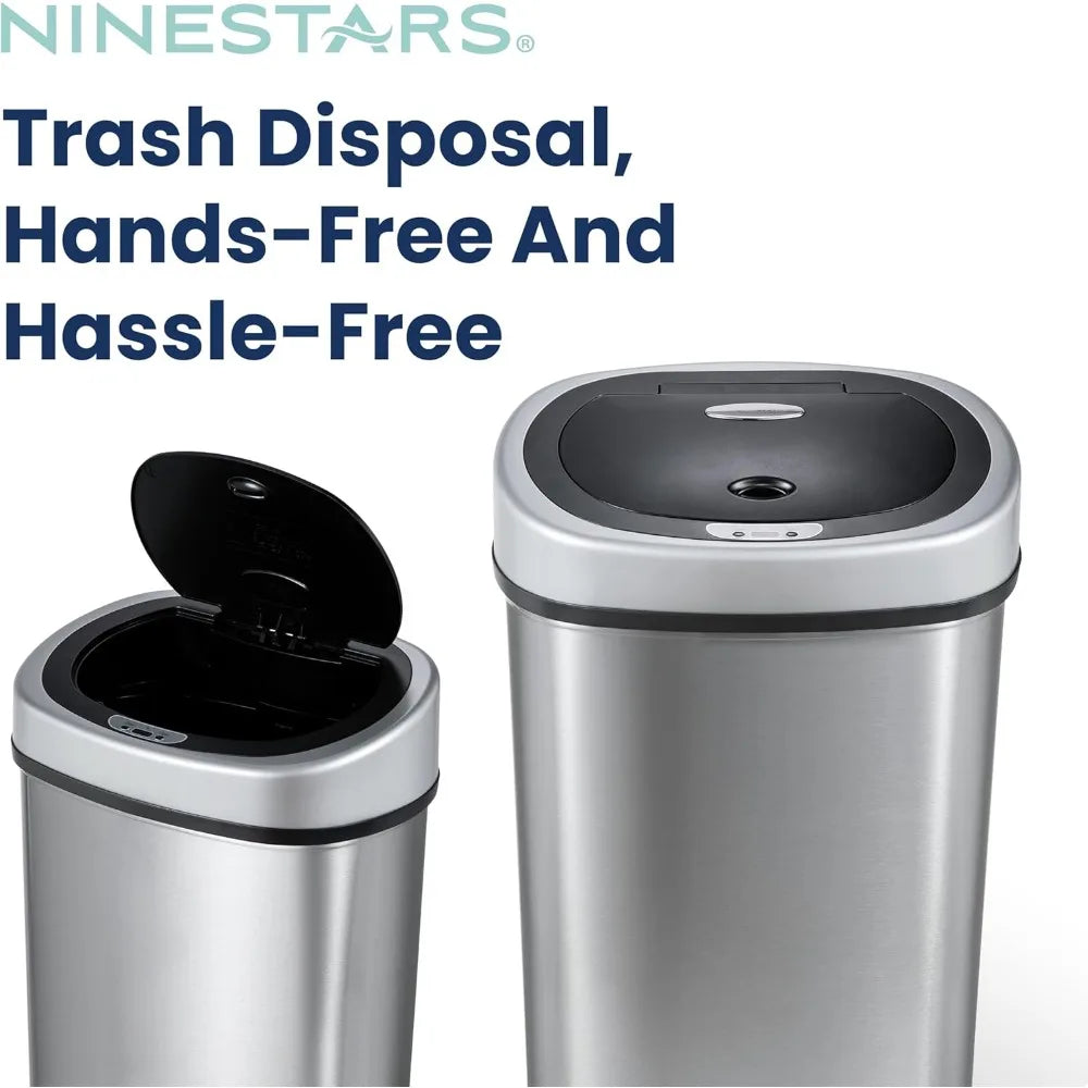 NINESTARS DZT-50-9 Automatic Touchless Infrared Motion Sensor Trash Can, 13 Gal 50L, Stainless Steel Base (Oval, Silver/Black Li