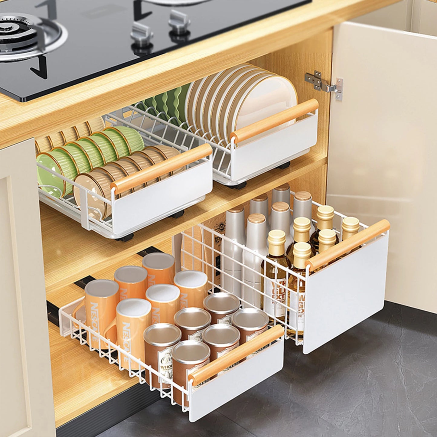 Pull out Cabinet Organizer Slide out Pantry Shelf Drawer Storage Sliding Mesh Cabinet Basket for Pantry Cabinet Kitchen Bathroom