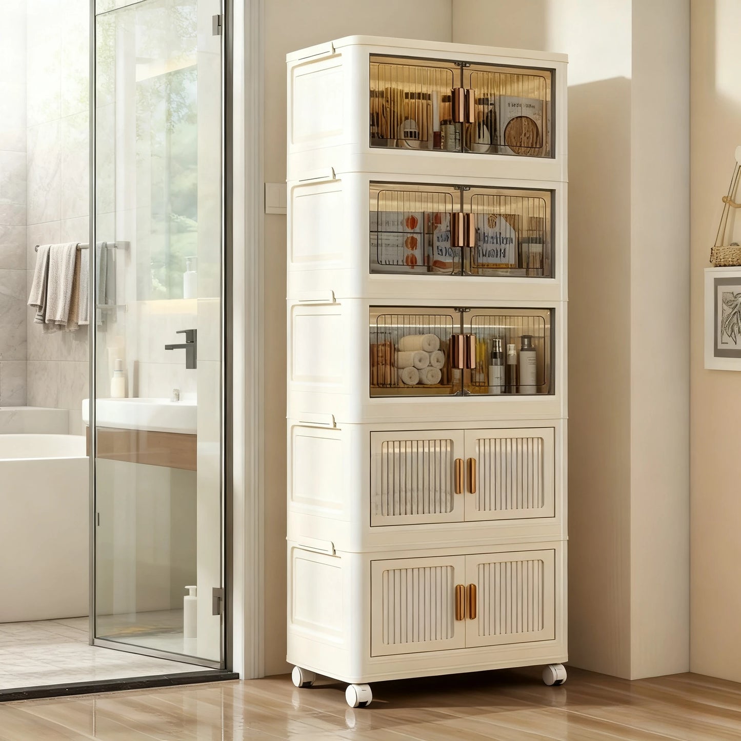 Large 5-layer Foldable Storage Organizer with Wheels – No Assembly, Ready-to-Use, Magnetic Doors, Multi-Scene, Holds Clothes