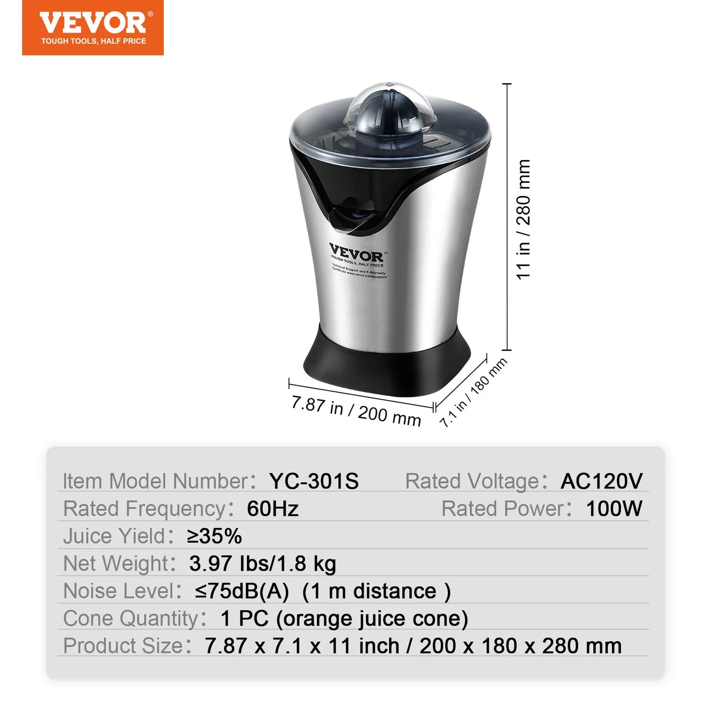 Vevor Electric Citrus Juicer 100W Stainless Steel Cone
