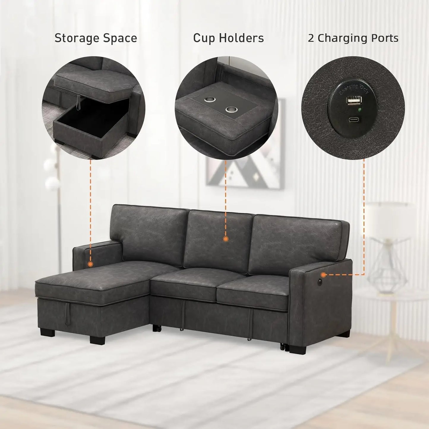Convertible Sleeper Sofa 3 in 1, Faux Leather Modern L-Shaped Couches for Living Room, Pull Out Sectional Futon Sofa Bed with