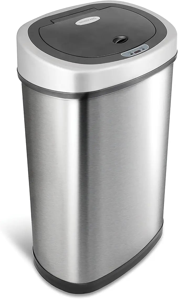 NINESTARS DZT-50-9 Automatic Touchless Infrared Motion Sensor Trash Can, 13 Gal 50L, Stainless Steel Base (Oval, Silver/Black Li