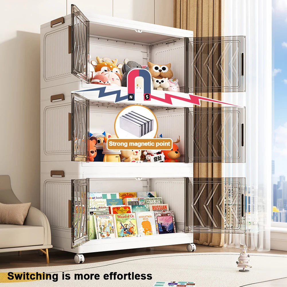 4 Tier Plastic Storage Containers with Doors & Wheels Foldable Organization Folding Storage Cabinet Shelf for Home Office Dorm