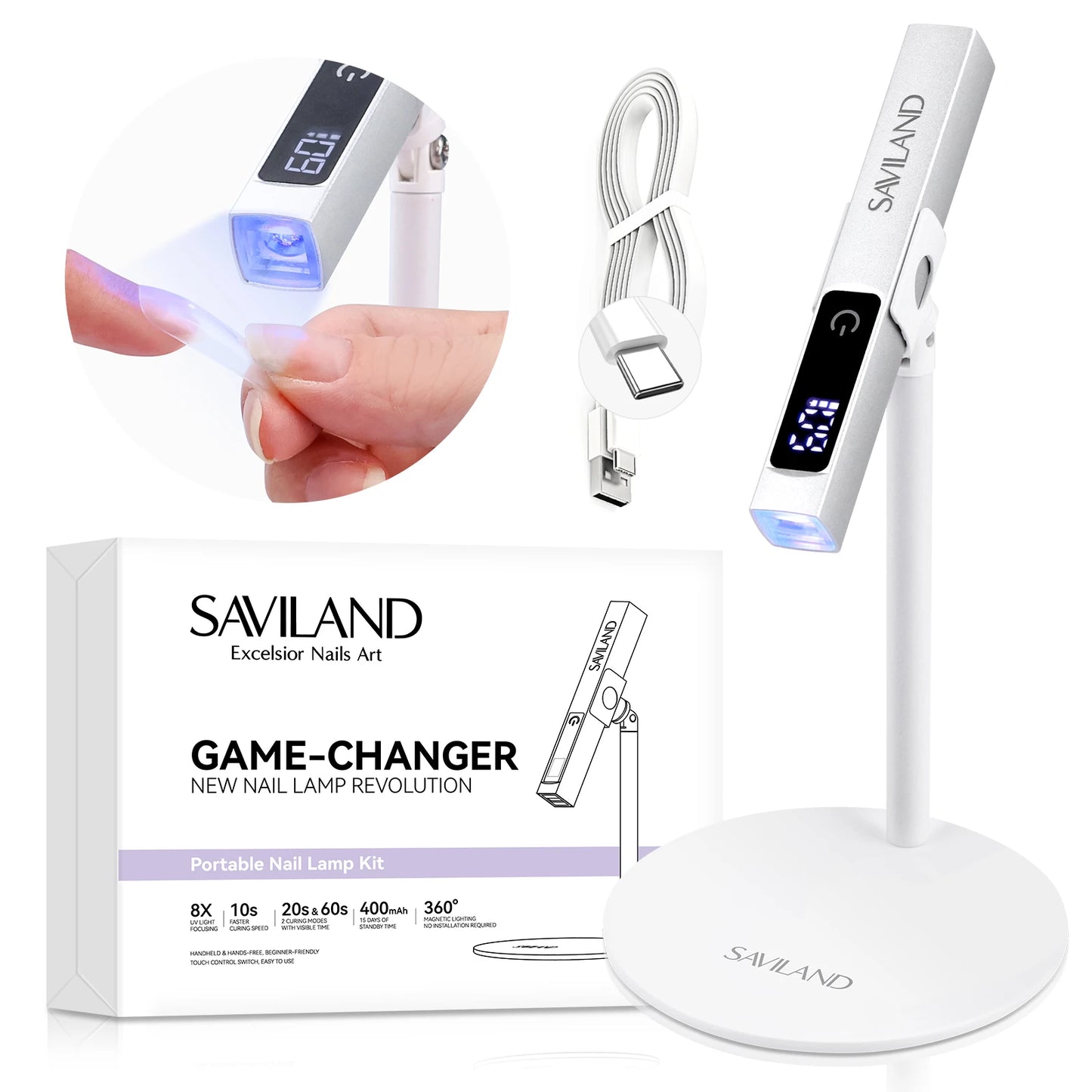 SAVILAND Rechargeable UV LED Nail Lamp with Magnetic Stand LCD Screen Timer Modes Portable Mini Nail Dryer Gel Nails Light
