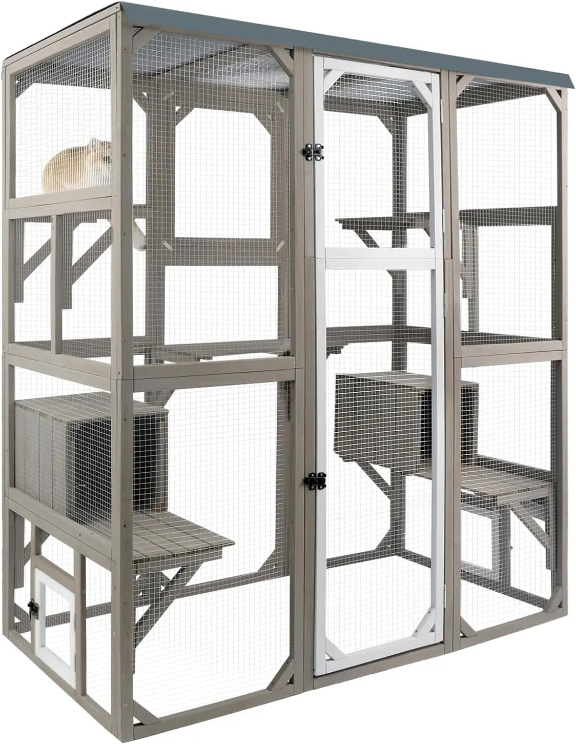 Outdoor Cat Catio Enclosures Large Wooden Cat House Patio for Indoor Cats Feral Cat Shelter with 2 Espace Doors