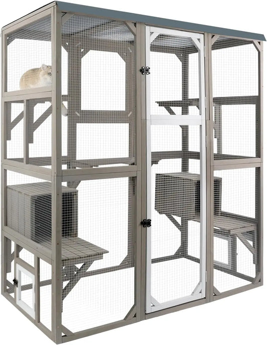 Outdoor Cat Catio Enclosures Large Wooden Cat House Patio for Indoor Cats Feral Cat Shelter with 2 Espace Doors