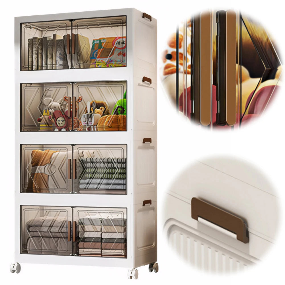 4 Tier Plastic Storage Containers with Doors & Wheels Folding Storage Boxes Folding Storage Cabinet Shelf for Home Office Dorm