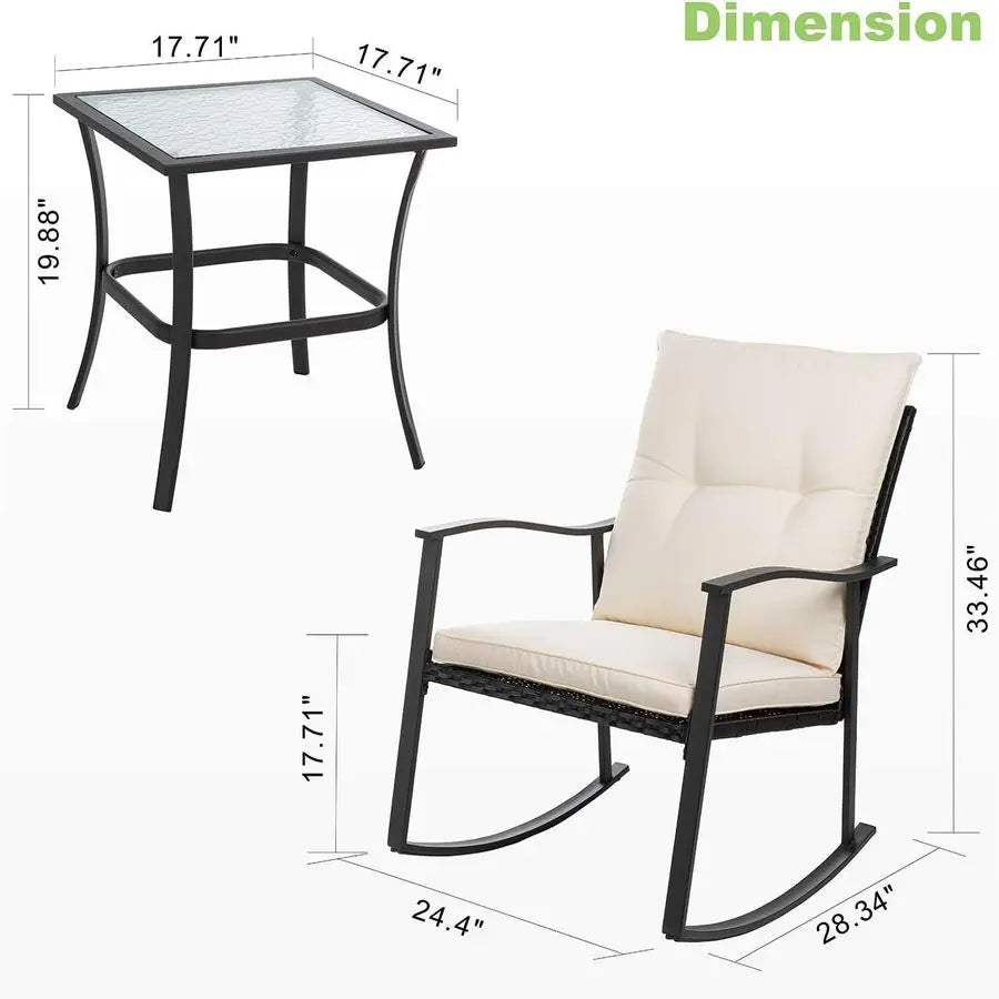 3 Piece Outdoor Rocking Bistro Set, Front Porch Furniture Rocking Chairs Set of 2, Small Patio Furniture Set with Glass Table f