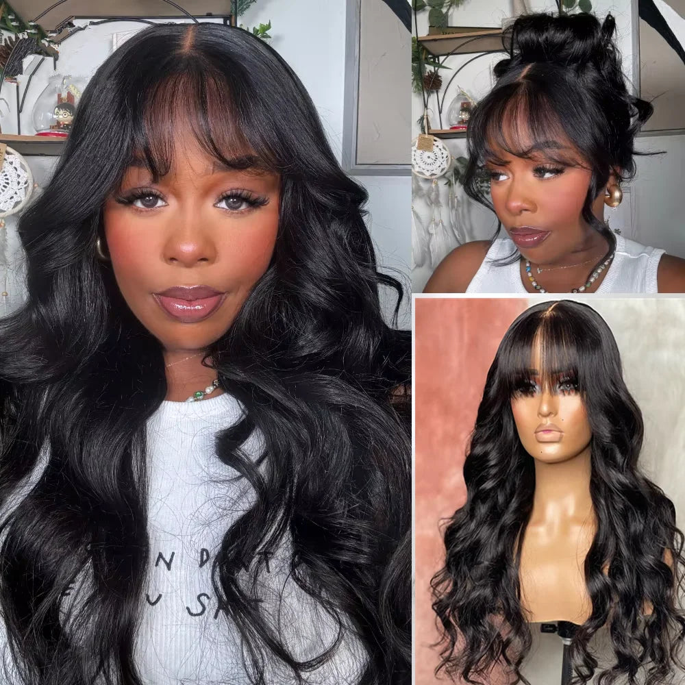 Silkwave Human Hair Wig With Bangs Body Wave 3X1 Lace Middle Part Wig Loose Wave Full Machine Made Fringe Wigs For Black Women